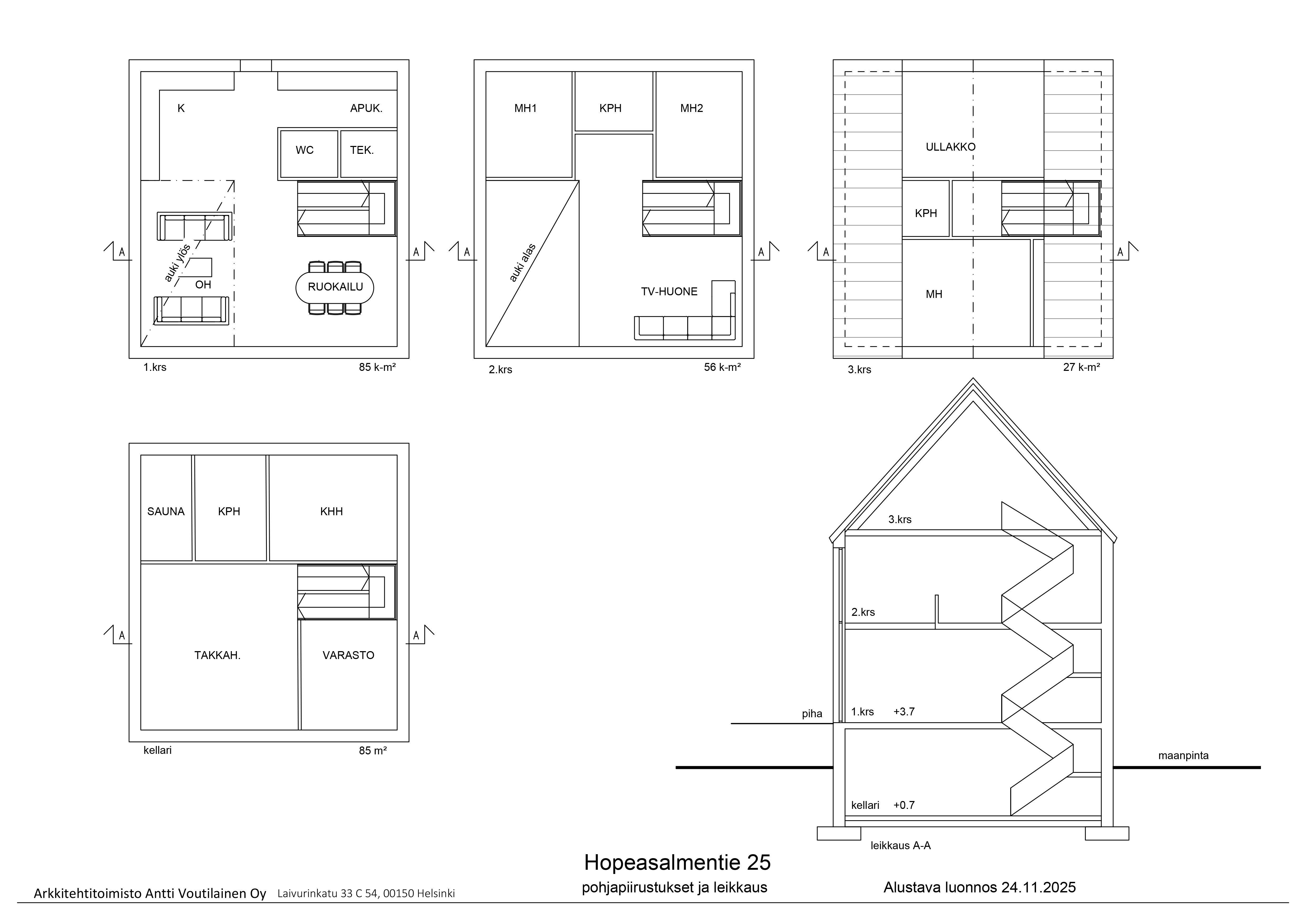 Uudisrakennuksen pohjapiirrustukset ja leikkaus.