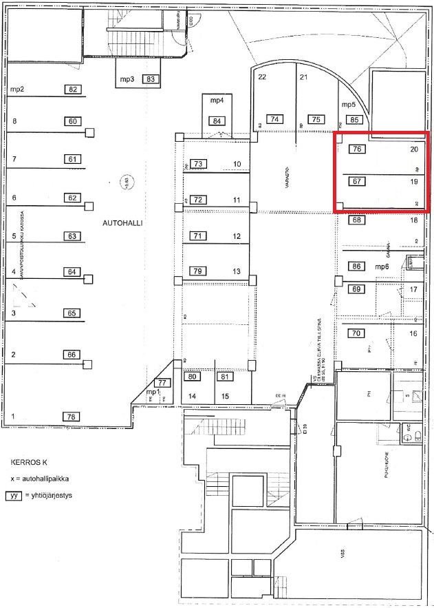 Autohallin pohjakuva (vuokrattava paikka merkattu punaisella)