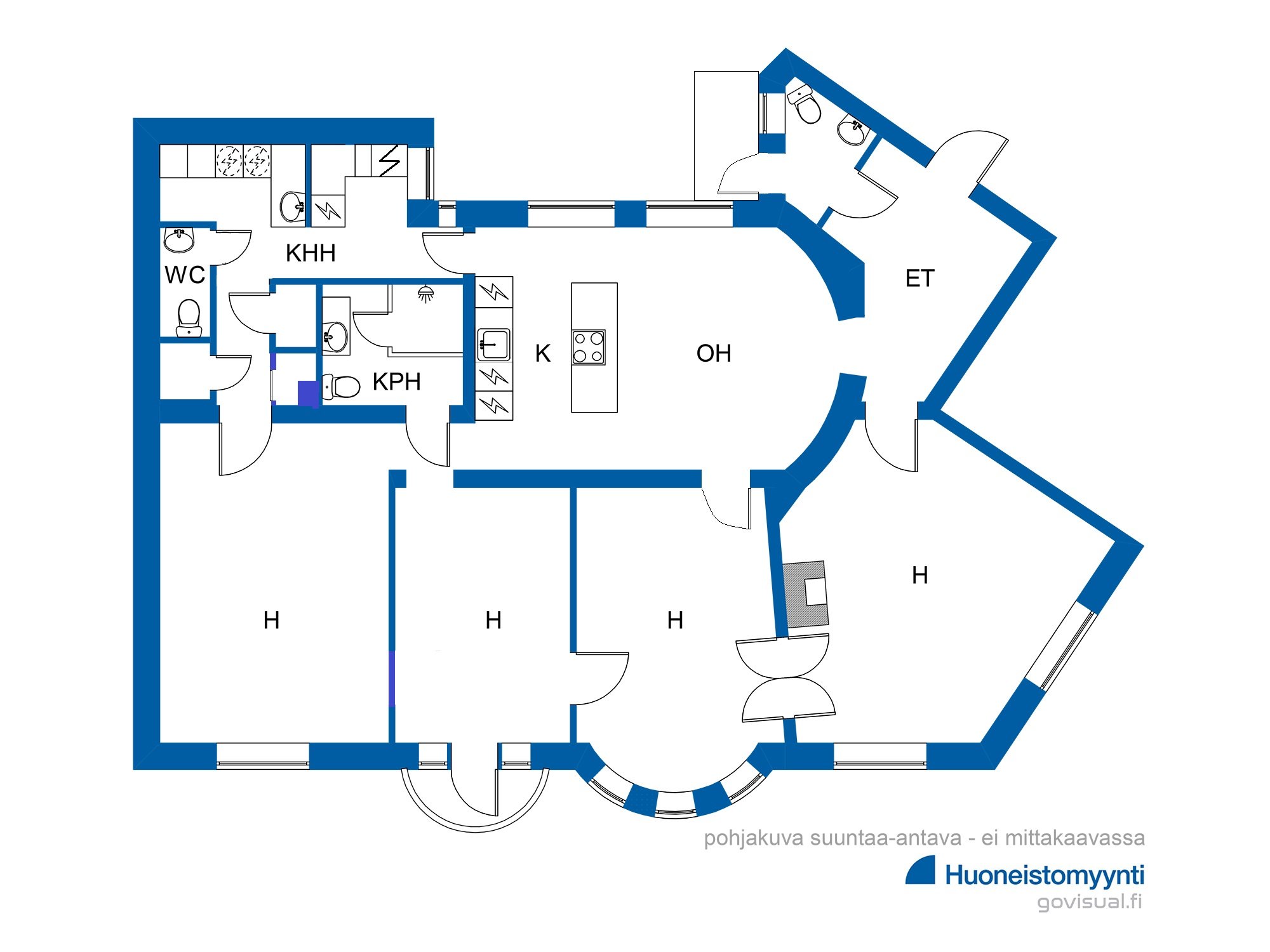 222m² + 45m² kaksio apukeittiön takana =267m² yhteensä.