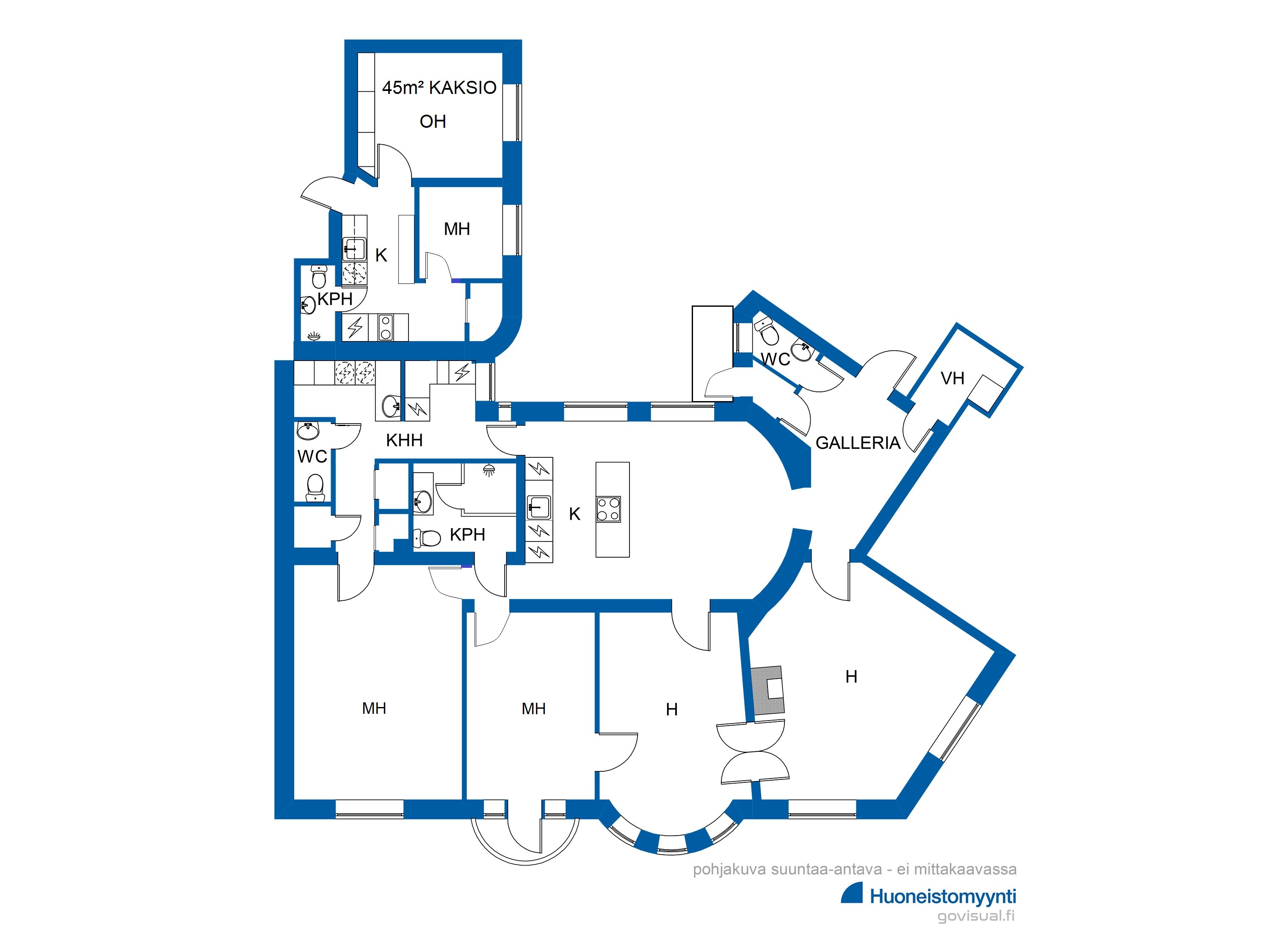 222m² + 45m² kaksio =267m² yhteensä.