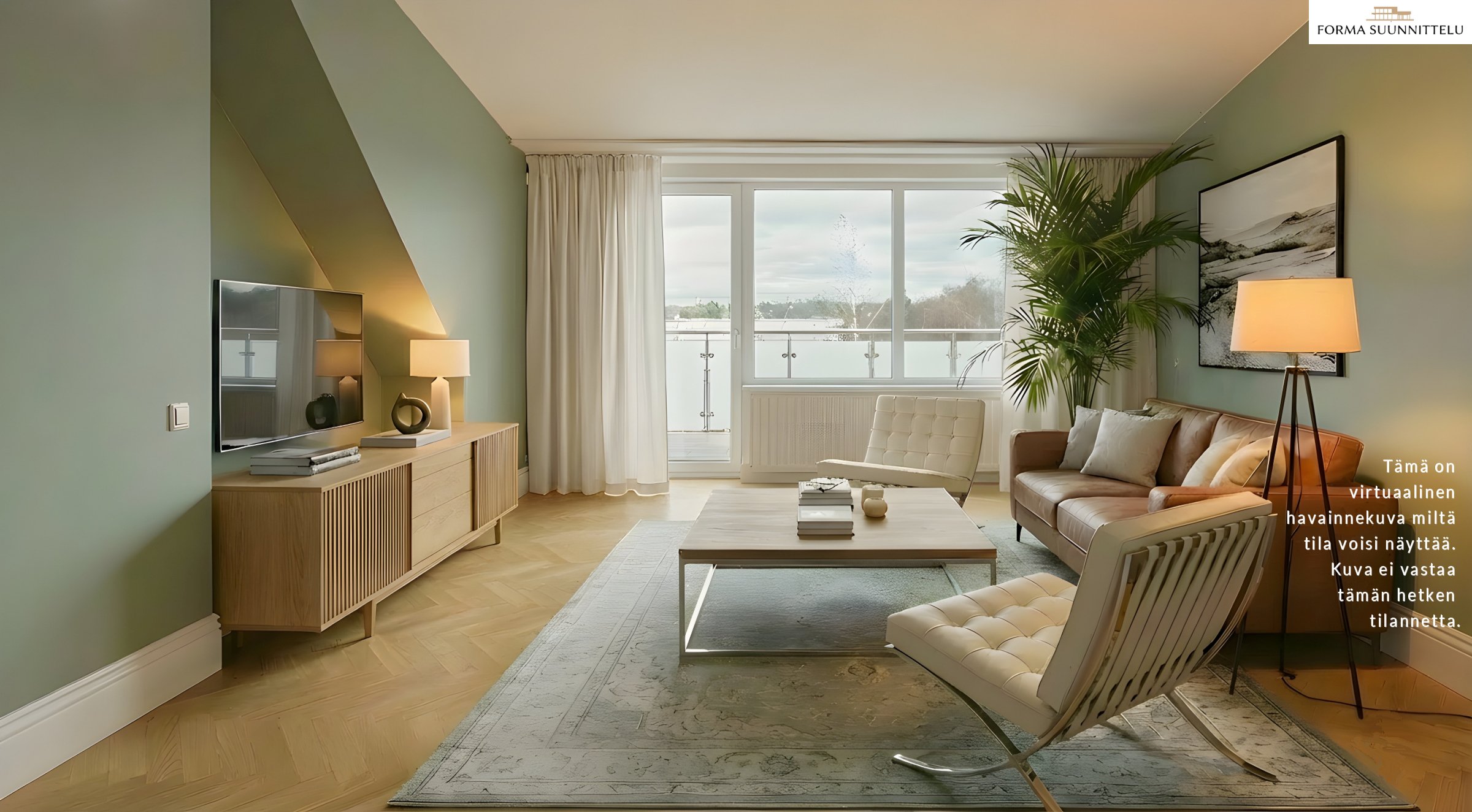 Tämä on virtuaalinen havainnekuva, miltä edellä olevan kuvan tila voisi näyttää.